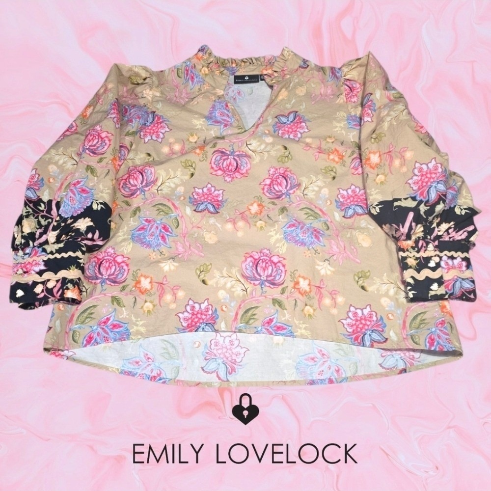 Emily Lovelock Womens Hailey Puff Sleeve Organic Cotton‎ Blouse Oat Floral M
